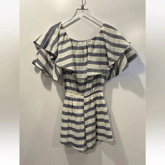 Boston Proper Blue White Stripe Cotton Romper Ruffle Womens‎ Size Small (636) - Picture 2 of 5